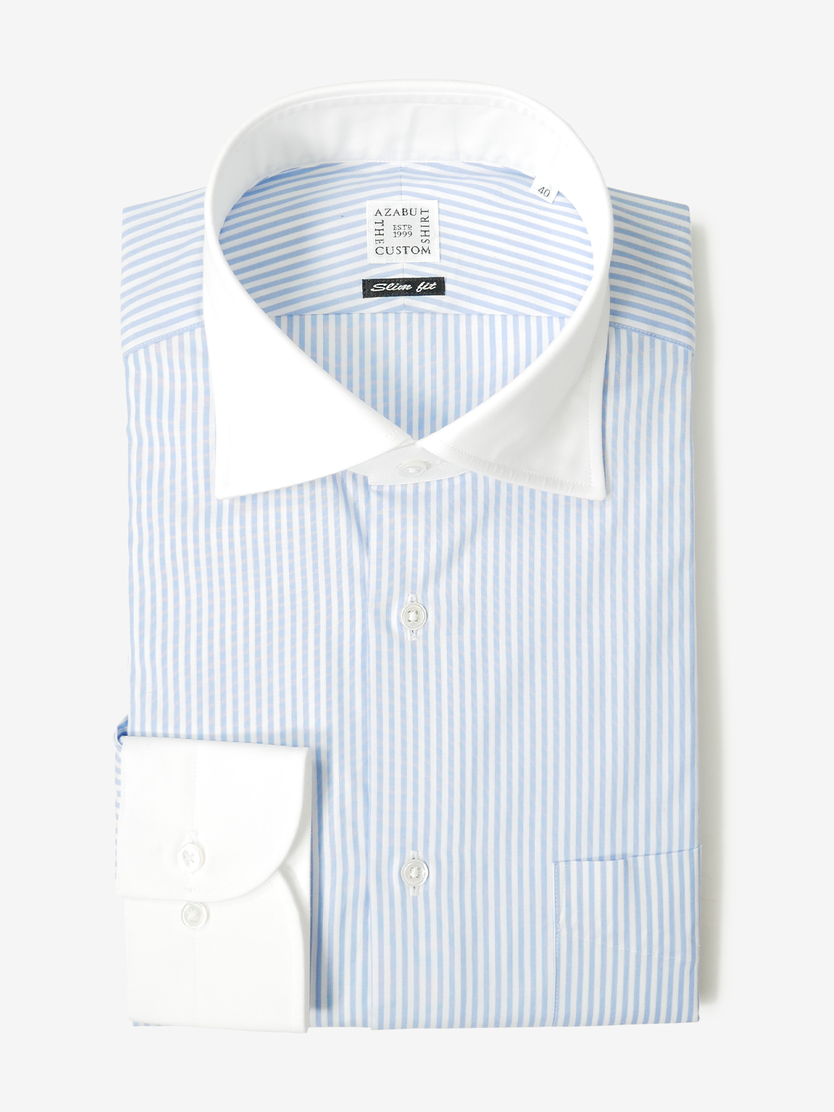 Striped Slim Fit Shirt With White Collar ｜サックス