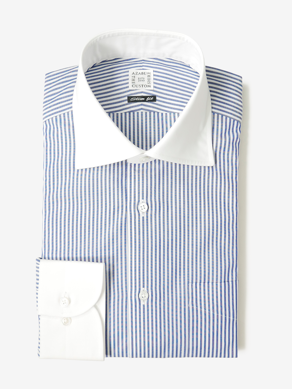 Striped Slim Fit Shirt With White Collar ｜ネイビー
