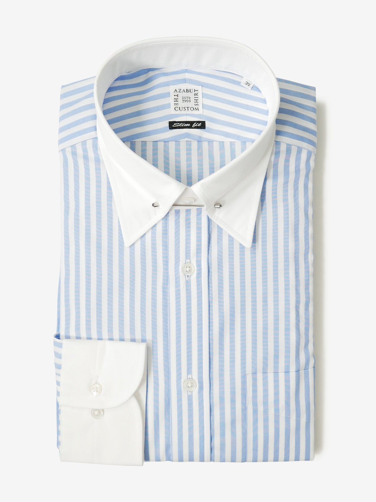 Striped Pin Collar Slim Fit Shirt ｜サックス